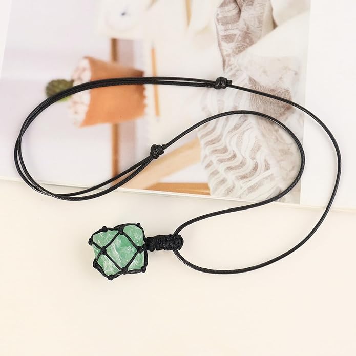 Handmade Natural Gemstone Crystal Pendant Necklace Stone Holder Necklace Cord Net Necklace with Adjustable Length for Women Men