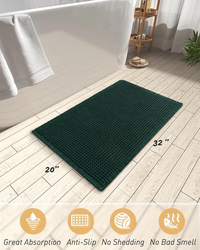 AMOAMI Upgraded Waffle Bath Mat, Super Absorbent Non Slip Bath Mats for Bathroom Floor, Machine Washable Bathroom Rugs with Tassels, Rubber Backed Bathroom Mats, Ultra Soft, 20" x 32", Dark Green