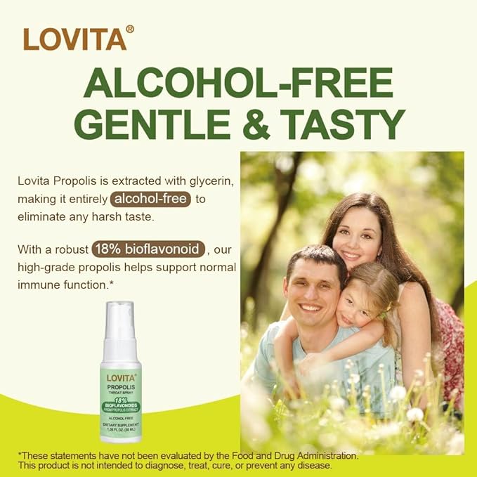Lovita Bee Propolis Throat Spray, 18% Bioflavonoids, Alcohol-Free, Immune Support, Throat Soothing, Antioxidant, Gentle Taste, 1 Fl Oz (Pack of 1)