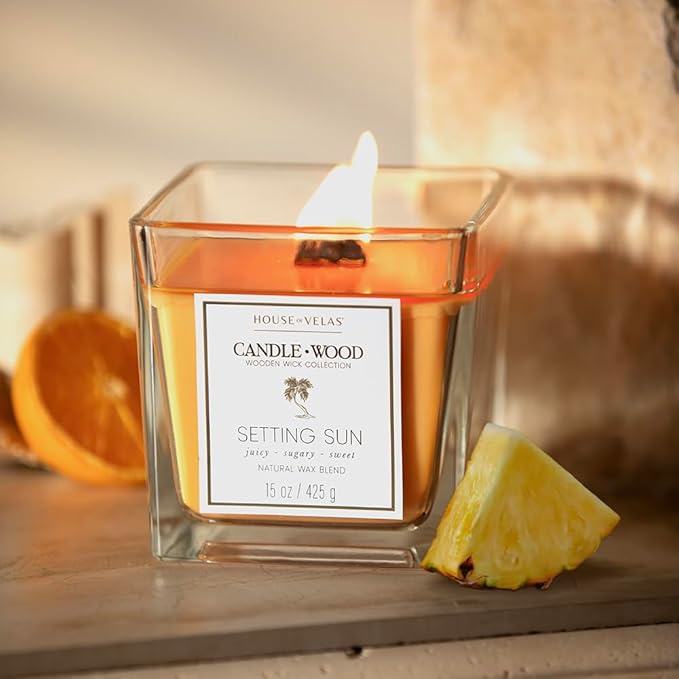 Candle Wood Collection, 15 oz, 1 Wooden Wick, Setting Sun, Square Glass Jar Candle
