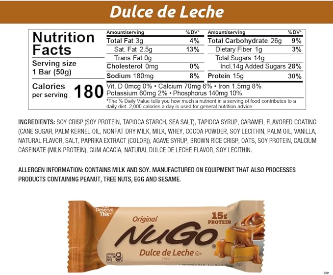 NuGo Protein Bar, Dulce De Leche, 15g Protein, Gluten Free, 15 Count