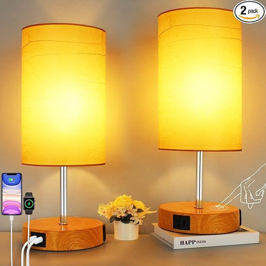 HiBay 17.75" Touch Bedside Table Lamps Set of 2 with USB Charging Ports & AC Outlet, Farmhouse Wood-Grain Nightstand Lights for Bedroom, Living Room, Kids Room, 3-Way Dimmable, E26 LED Bulb Included