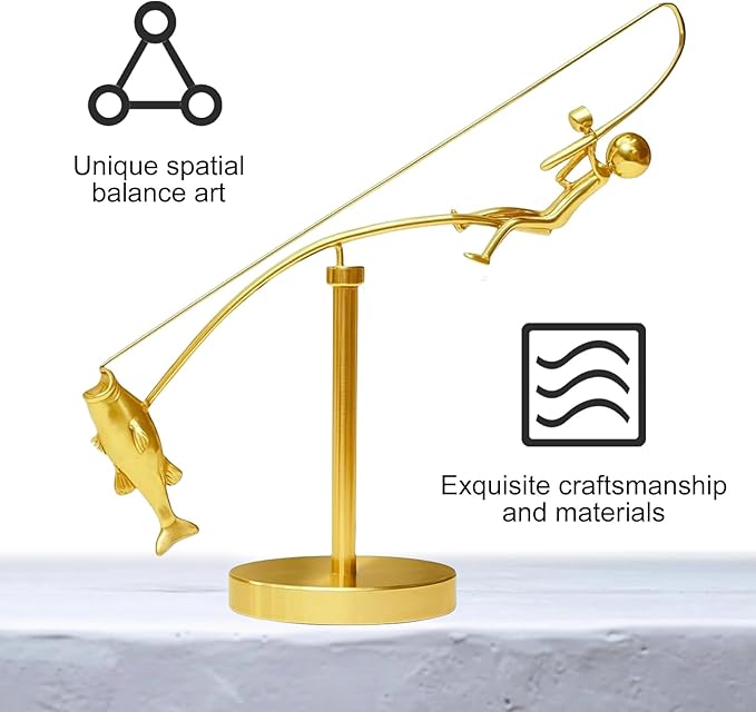 Kinetic Fishing Sculpture, Balance Art for Your Space, Metal Fishing Statue Home Office Desktop Ornament for Home Office Art Deco-D