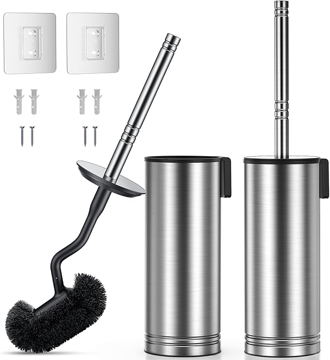 Hamitor Toilet Brush and Holder Set: 304 Stainless Steel Rustproof Toilet Scrubber with Under Rim Deep Cleaning Curved Bristle - Bathroom Cleaner Brush for Renters Homeowners Family Silver 2 Pack