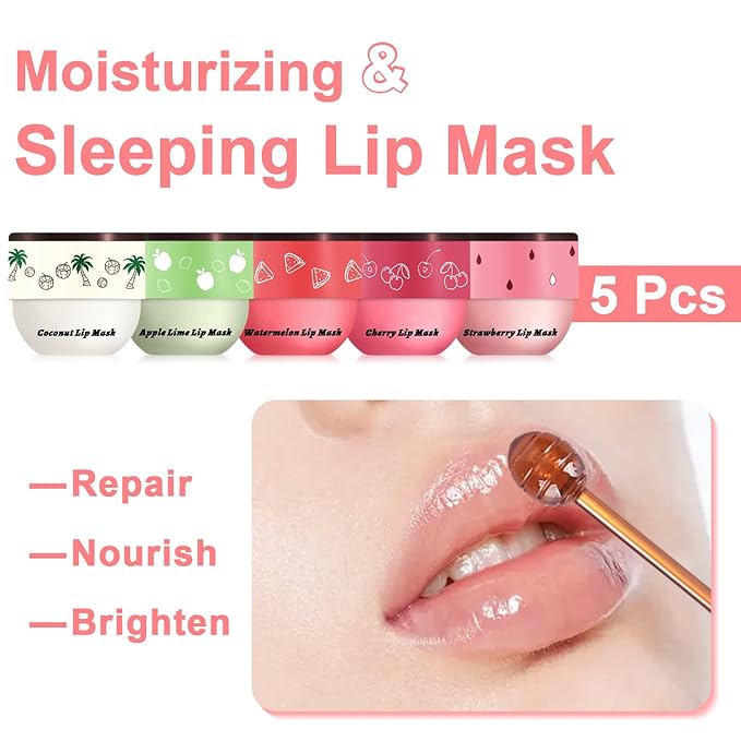 5 PCS Bee Lip Balm Honey Pot, Watermelon & Apple & Strawberry & Honey & Coconut Lip Mask Overnight Propolis Moisturizing Lip Balm Hydrating Prevention Dry and Crack (Set E)