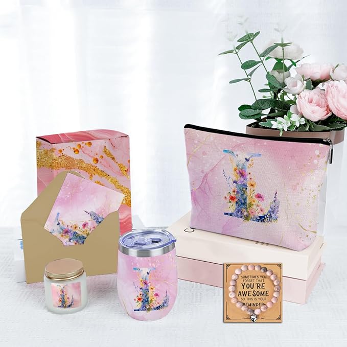 Personalized Gifts Monogrammed Birthday Gifts for Women, Mama New Mom Thanksgiving Wedding Christmas Initial Wine Tumbler Makeup Bag Scented Candle Bracelet 6 Set, (Aesthetic Pink Flower L)