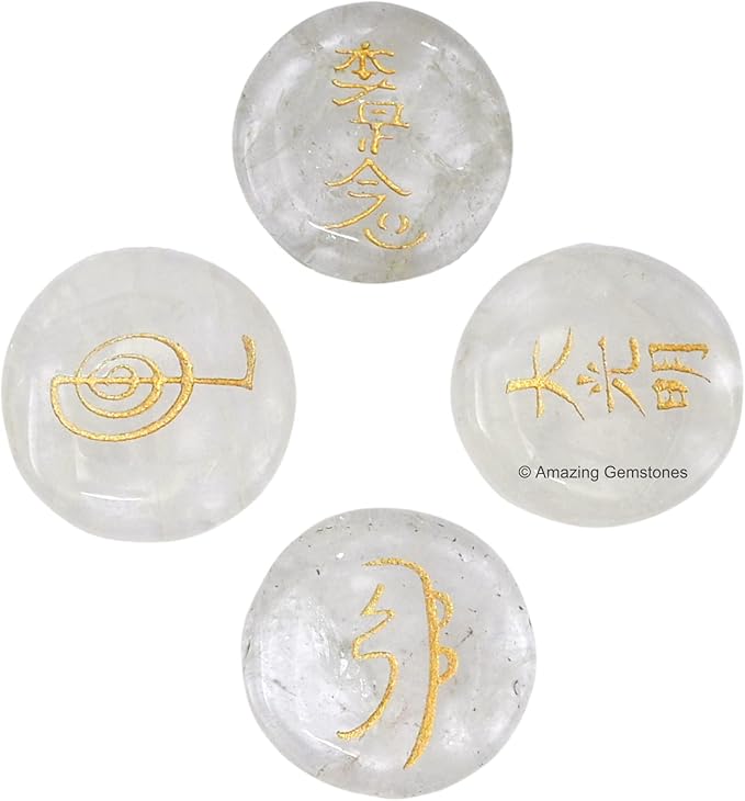 Amazing Gemstone Clear Quartz Crystal Reiki Stones with Engraved Symbols for Usui Reiki Healing, Set of 4 Pcs (Indian Handmade Reiki Gift Set)
