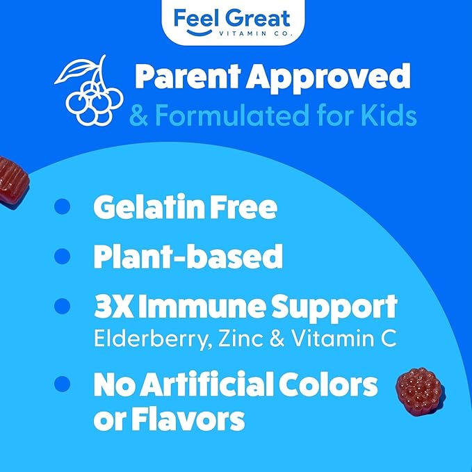 Feel Great Kids Elderberry Gummies with Zinc and Vitamin C | Immune Support Sambucus Elderberry | Berry Flavored Vegan Kids Multivitamins | 60 Day Supply