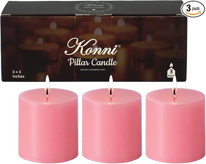 KONNI Pink Pillar Candles Set of 3, 3"x 3" Unscented Pillar Candles Bulk, 30 Hours Long Burning Candles, Smokeless&Dripless Large Round Candle for Wedding, Home Decoration, Parties, Spas, Dinner