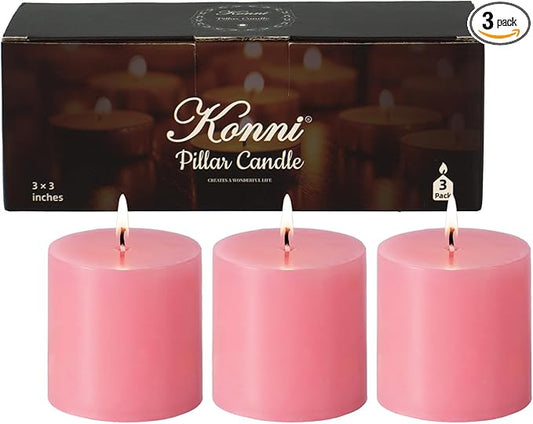 KONNI Pink Pillar Candles Set of 3, 3"x 3" Unscented Pillar Candles Bulk, 30 Hours Long Burning Candles, Smokeless&Dripless Large Round Candle for Wedding, Home Decoration, Parties, Spas, Dinner