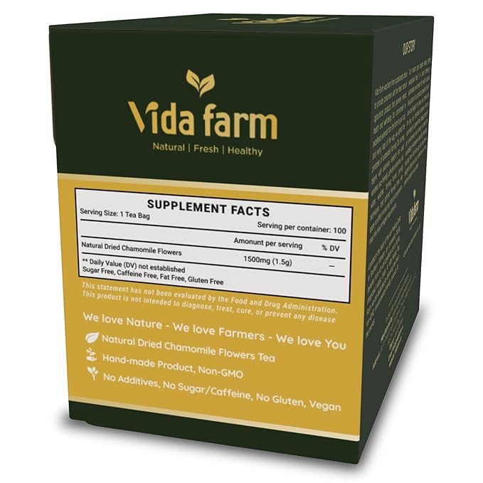 VIDA FARM 100 Chamomile Tea Bags, Natural Chamomile Flowers Tea Bags, Dried Herbal Flowers, Sugar Free, Caffeine Free, Gluten Free