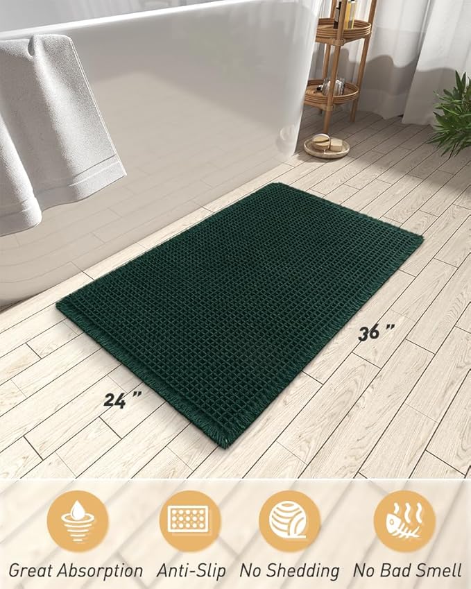 AMOAMI Upgraded Waffle Bath Mat, Super Absorbent Non Slip Bath Mats for Bathroom Floor, Machine Washable Bathroom Rugs with Tassels, Rubber Backed Bathroom Mats, Ultra Soft, 24" x 36", Dark Green