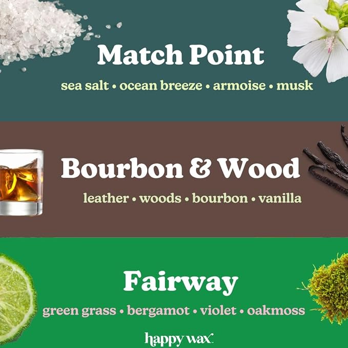 Happy Wax Country Club Mix Premium Scented Natural, Non Toxic Soy Wax Melts – 6 Total Oz. of Scented Wax Melts. Includes: Match Point, Bourbon and Wood, and Fairway