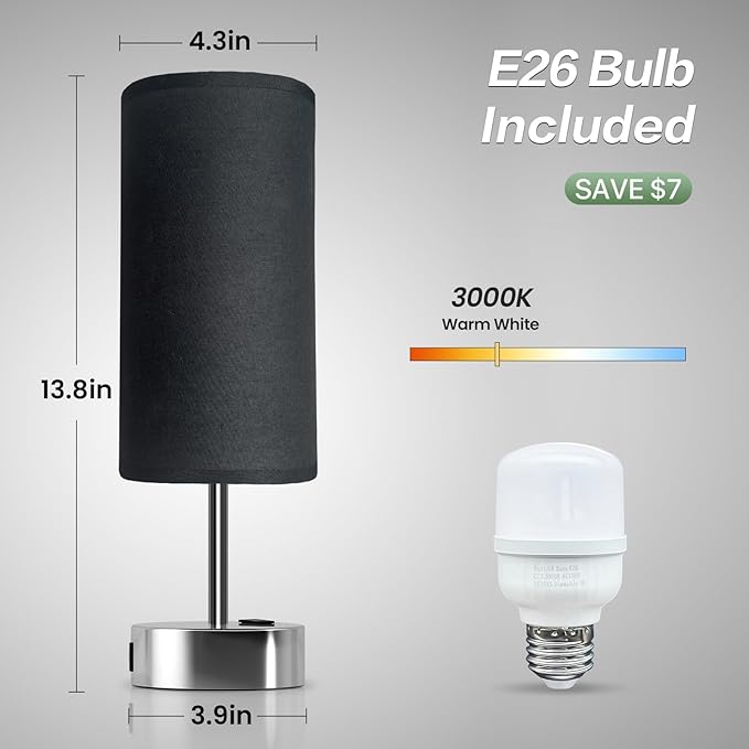 KPQ Small Bedside Lamp Touch Control Table Lamp with USB A+C Charging Ports & AC Outlet 3-Way Dimmable Nightstand Lamp with Linen Fabric Shade for Bedroom Living Room