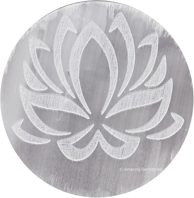Amazing Gemstone Selenite Crystal Charging Plate For Crystals And Healing Stones, 3" Selenite Crystal Plate Engraved Lotus Flower of Life Coaster For Home, Office Table Decor (Selenite Round Disc)