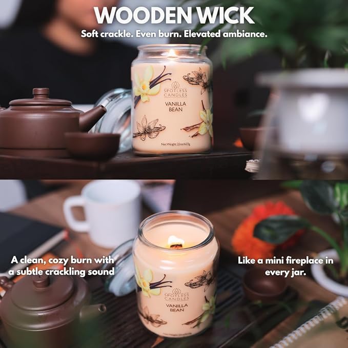 Candle Vanilla Bean 22oz with Wooden Wick in a Presentation Gift Box & Protective Shipper - Vanilla Scented Candles - Large Jar Candles