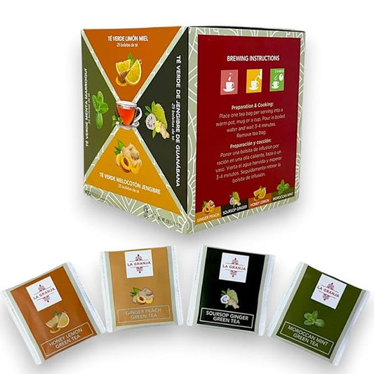Herbal Wellness Caffeinated Green Tea Collection 100 Ct Variety Sampler Pack 4 Flavors: Honey Lemon, Moroccan Mint, Soursop Ginger, Ginger Peach, Eco Friendly Teabags Non GMO Sugar Free Keto
