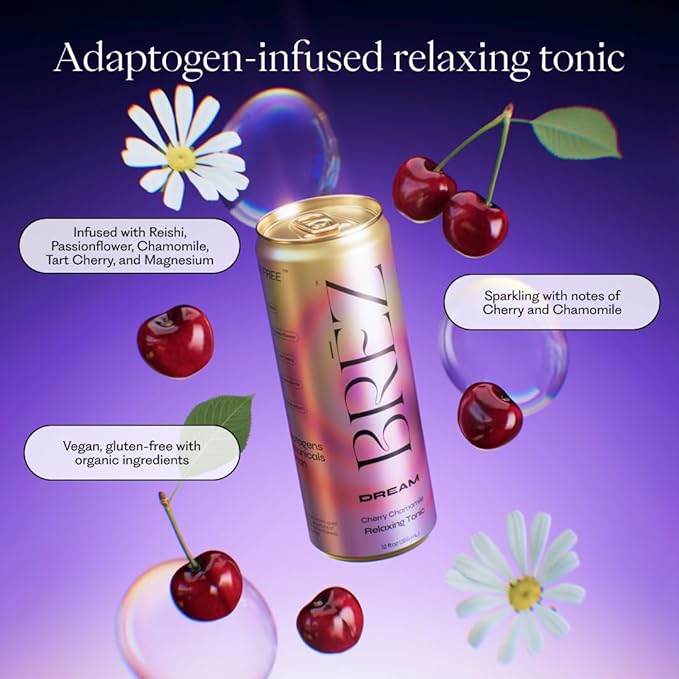 BRĒZ Dream Reishi Mushroom Drink, Non-Infused Relaxing Tonic with Reishi, Chamomile, Tart Cherry, Magnesium & L-Theanine, Vegan Adaptogen Drink for Sleep, Calm & Mood, 12 fl oz - 24 Pack