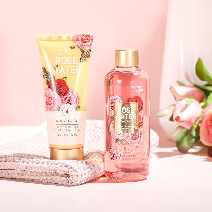 Mothers Day Gifts for Mom, Spa Birthday Gift Baskets for Women Her Wife Girlfriend, with Rose Scented Shower Gel, Body Scrub, Body Lotion, Hand Soap