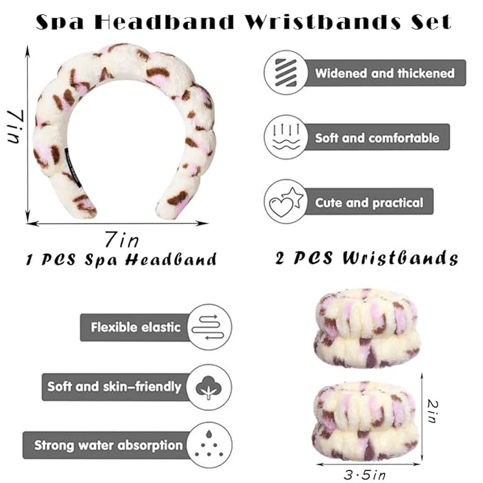 Spa Headbands for Washing Face Wristband Set Sponge Makeup Skincare Headband Wrist Towels Bubble Soft Terry Towel Cloth Hairband for Women Puffy Headwear Non Slip Thick Thin Hair Headwear
