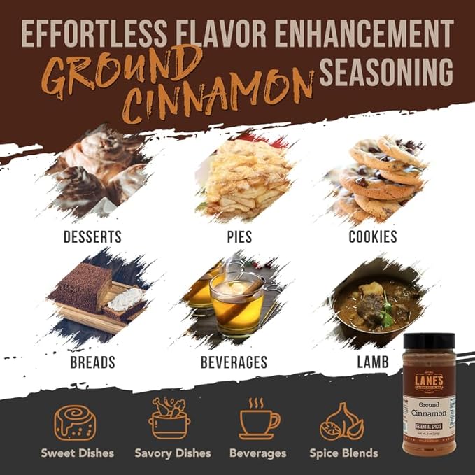 Lane's Ground Cinnamon Seasoning Spice, All-Natural Ground Cinnamon Powder for Coffee, Tea, Culinary Use, and More. Made in USA, 7 oz (198g)