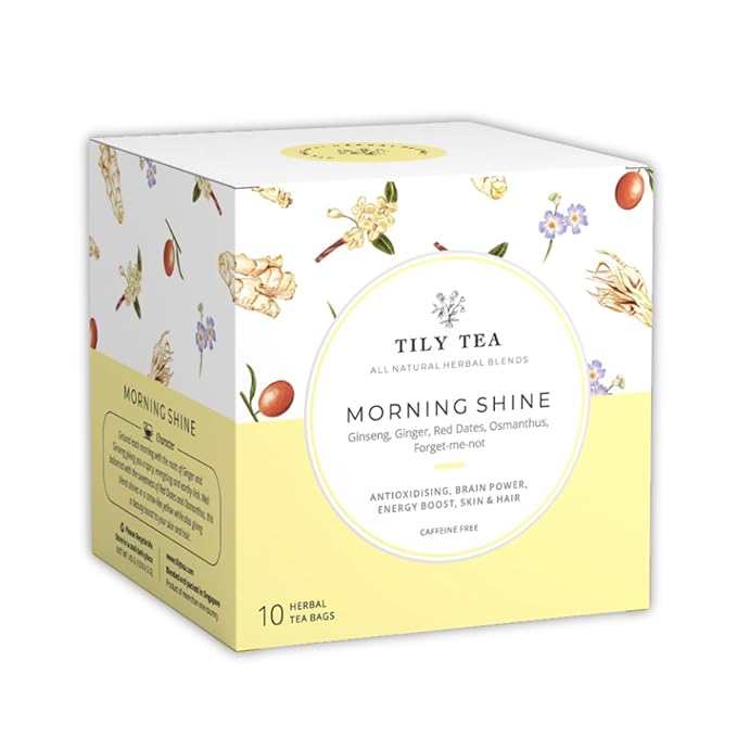 Tily Tea Morning Shine Breakfast Tea - Natural Herbal Tea for Focus and Energy - Ginger and Ginseng - Caffeine Free - 10 Plastic-Free Tea Bags