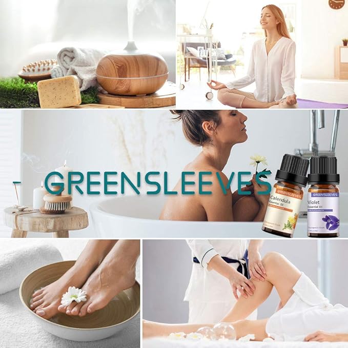 GREENSLEEVES Violet Calendula Essential Oil Set, 2 x 10ml Pure Plant-Based Fragrance Oil for Aromatherapy, Essential Oils for Diffuser, Massage, Bath Bomb, Scented Candle Soap Making