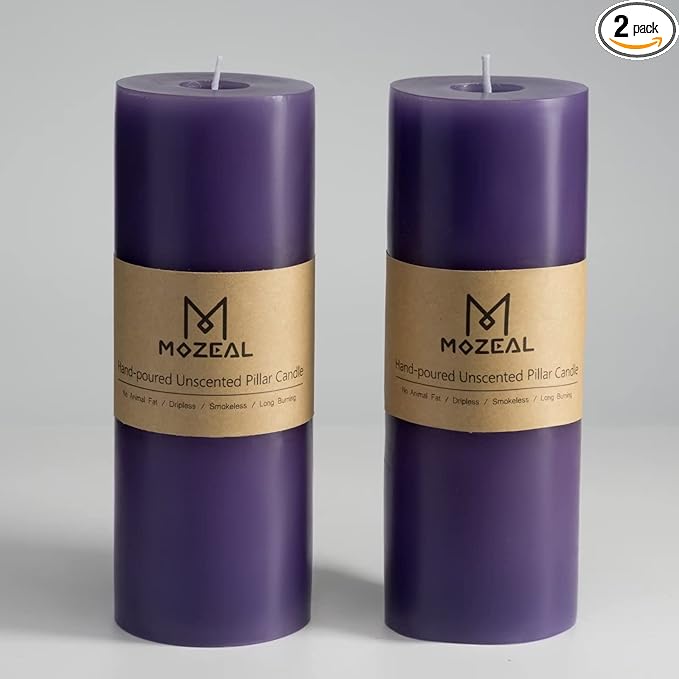MOZEAL 3" x 8" Hand-Poured Unscented Large Candle,Smokeless Rustic Pillar Candle Set of 2,Slow Burn,No Drip,Approx 150 Hours Burning,Wedding,Dinner,Christmas and Home Decorative,Tall Purple Candle