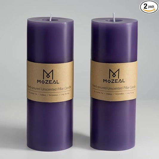 MOZEAL 3" x 8" Hand-Poured Unscented Large Candle,Smokeless Rustic Pillar Candle Set of 2,Slow Burn,No Drip,Approx 150 Hours Burning,Wedding,Dinner,Christmas and Home Decorative,Tall Purple Candle