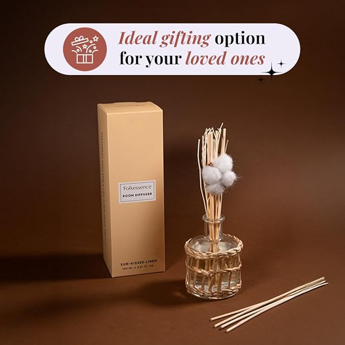 Folkulture Reed Diffusers for Home, 5 oz | Linen Scent Diffuser Oil with Sticks for Bathroom Decor Accessories, Living Room, Office, Desk| Natural Essential Oils | Housewarming Gifts | Sunkissed