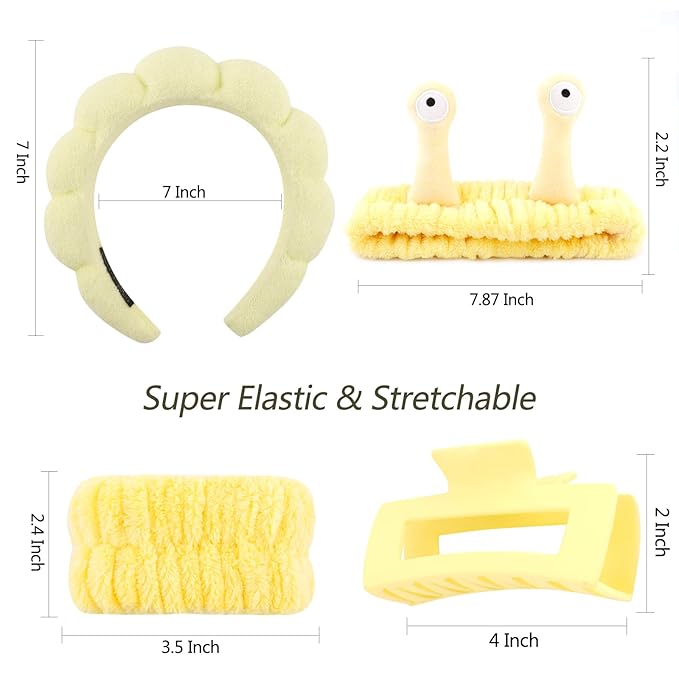 VELSCRUN Spa Headband, Makeup Face Wash Skincare Headbands, 5 Pcs Sponge Get Ready Snail Hairband Facial Wristband Hair Clip Set, Stuff for Teen Girls Women Trendy Hair Accessories Yellow