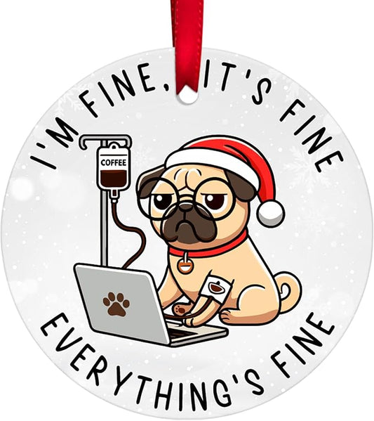 34HD Gifts for Christmas, Funny Pug Dog Christmas Ornament Ceramic 2-Side Printed, Coworkers Gifts for Men Women, Christmas Hanging Decorations