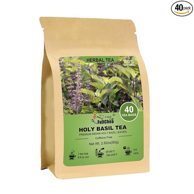 FullChea - Holy Basil Tea Bags, 40 Tulsi Teabags, 2g/bag - Premium Holy Basil Leaves - Non-GMO - Caffeine-free - Support Digestion & Boost Immunity