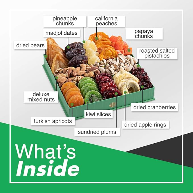 Dried Fruit & Nuts Gift Basket - Fresh Dried Fruit & Nuts Gift Basket - Assorted Food Gift Box for Birthday, Family, Sympathy, Men & Women.