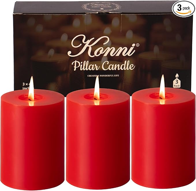 KONNI Red Pillar Candles Set of 3, 3"x 4" Unscented Pillar Candles Bulk, 39 Hours Long Burning Candles, Smokeless and Dripless Large Round Candle for Wedding, Home Decoration, Parties, Spas, Dinner