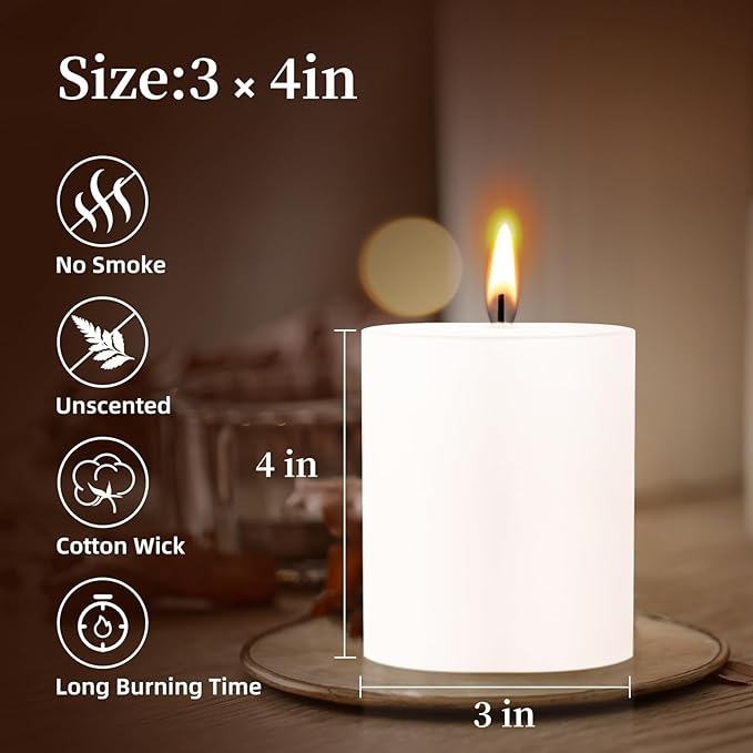 KONNI White Pillar Candles Set of 3, 3"x 4" Unscented Pillar Candles Bulk, 39 Hours Long Burning Candles, Smokeless&Dripless Large Round Candle for Wedding, Home Decoration, Parties, Spas, Dinner