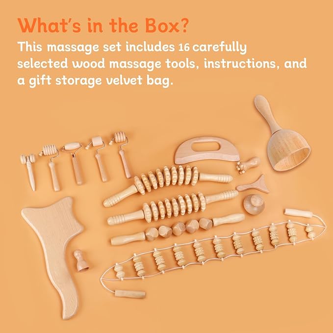 16-in-1 Wood Therapy Massage Tools Gua Sha, Maderoterapia Kit Muscle Pain Relief, Lymphatic Drainage, Body Sculpting Kit with Facial Wood Roller Fascia Massage