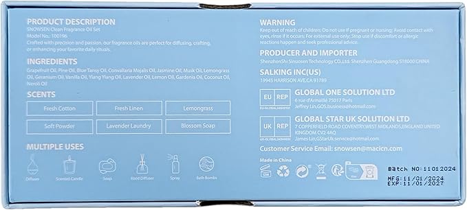 Clean Essential Oils Set, SNOWSEN Fragrance Oil for Diffuser, Wool Dryer Balls, Candle, Soap Making, Fresh Cotton, Fresh Linen, Lemongrass, Soft Powder, Lavender Laundry, Blossom Soap Scented Oil