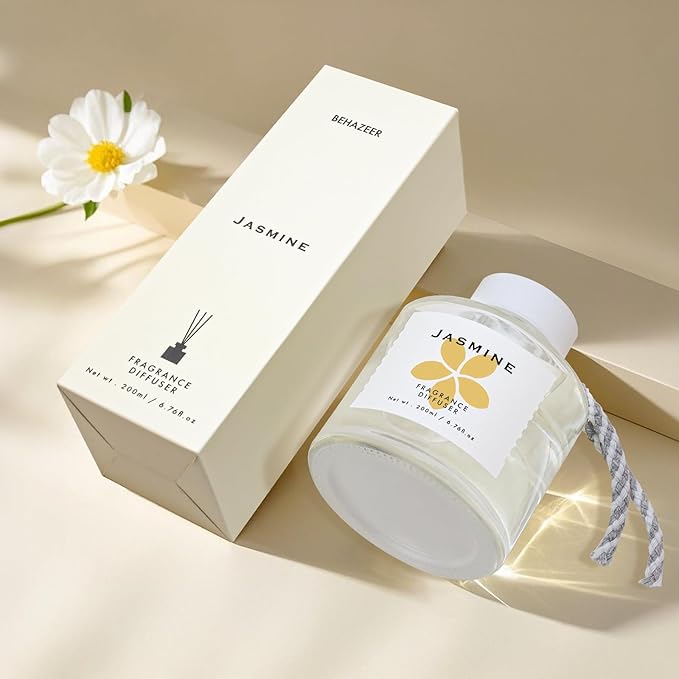 Jasmine Reed Diffuser Set, 6.77OZ(200ML) Large Capacity Natural Non-Toxic Oil, Reed Diffusers Set for Home