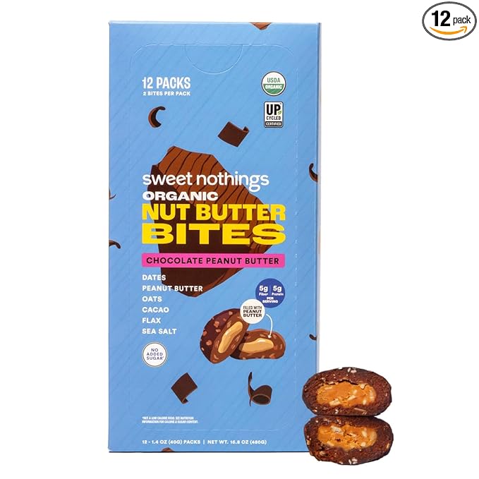 Sweet Nothings, Chocolate, USDA Organic Nut Butter Bites Protein Bar, Nut & Date Snack, Filled with Peanut Butter, 12-2 Bite Value Packs - No Added Sugar, Plant Based, Vegan, Only 7 Ingredients