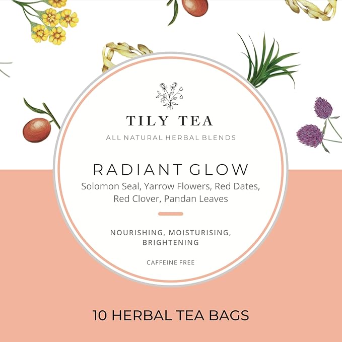 Tily Tea Radiant Glow Herbal Tea - Natural Tea to Support Skin Nourishment - Solomon Seal for A Glowing Complexion - Caffeine Free - 10 Plastic-Free Tea Bags