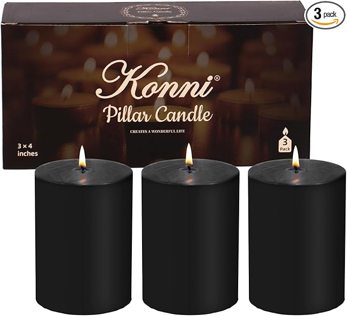 KONNI Black Pillar Candles Set of 3, 3"x 4" Unscented Pillar Candles Bulk, 39 Hours Long Burning Candles, Smokeless&Dripless Large Round Candle for Wedding, Home Decoration, Parties, Spas, Dinner