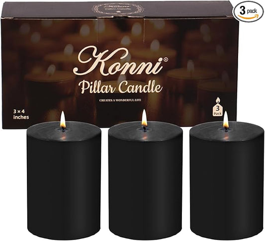 KONNI Black Pillar Candles Set of 3, 3"x 4" Unscented Pillar Candles Bulk, 39 Hours Long Burning Candles, Smokeless&Dripless Large Round Candle for Wedding, Home Decoration, Parties, Spas, Dinner