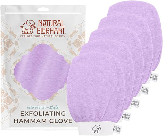 Natural Elephant Exfoliating Hammam Glove | Authentic Moroccan Kessa Body Scrub Mitt for Spa-Quality Skin Renewal | Lovely Lilac 5 Pack