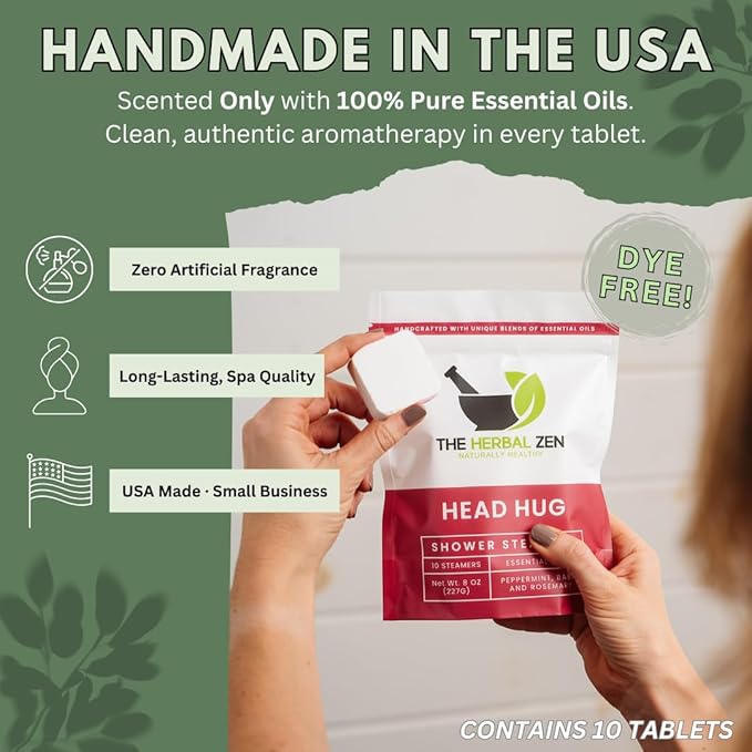 Head Hug Shower Steamers Aromatherapy for Relief - USA Made - Peppermint & Rosemary Shower Bomb Tablets – Christmas Gift - Adult Stocking Stuffer – Soothing Natural Essential Oils (10 Pack)