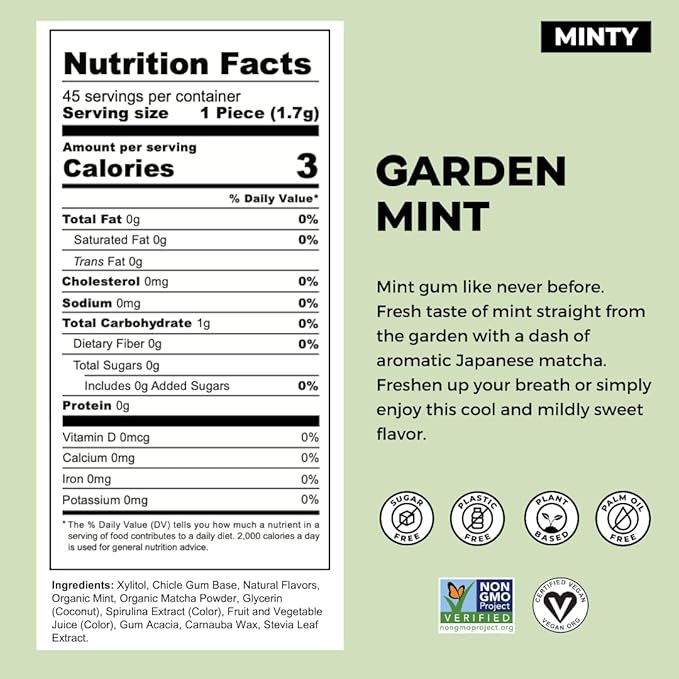 Refresh Gum, Xylitol, Natural, Sugar Free, Plastic Free, Natural Flavors & Organic Ingredients, Plant-Based, Low Calorie, Non GMO, Gluten Free, Vegan, Garden Mint Flavor, 12 Pcs, 12 Pack