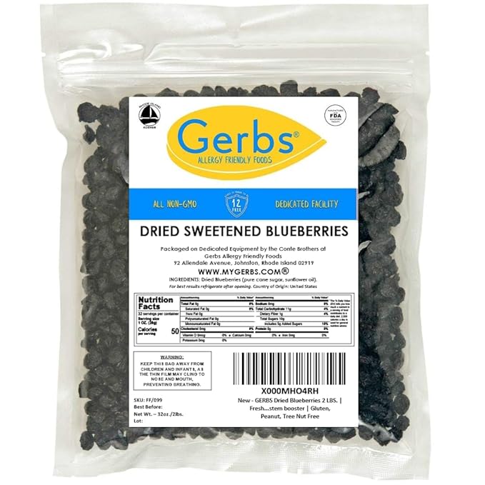 Gerbs Dried Blueberries 2 lbs. | Unsulfured, No Additives, Resealable Bag | Naturally Sweet & Tart | Top 14 Allergen-Free