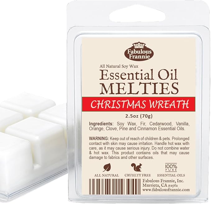 Fabulous Frannie Christmas Wreath 100% Natural Soy Candle Meltie/Tart/Melts with Pure Our Blend of Cypress, Pine, Cedarwood, Orange, Cinnamon, Clove and Vanilla Essential Oils 2.5oz