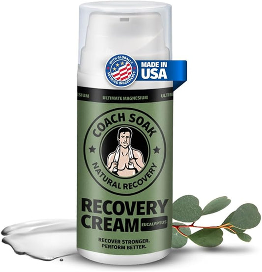 Coach Soak Magnesium Cream with MSM in Pump Bottle - Natural Recovery Cream with Magnesium Chloride & Menthol - Fast-Absorbing for Muscles & Joints, Eucalyptus 3.4oz