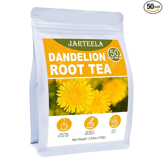 Jarteela Dandelion Root Tea - 2g Pyramid Bags, 50 Count - Raw, Non-GMO, Caffeine-Free